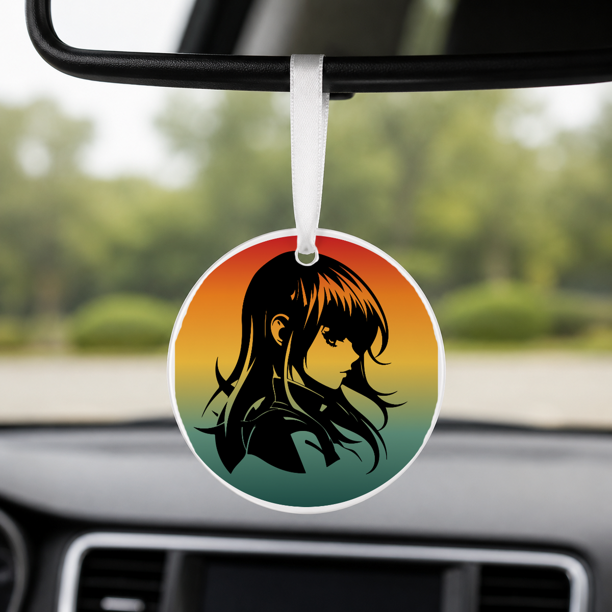 Anime Girl Silhouette Profile Gradient 3 - Round Car Charm in white