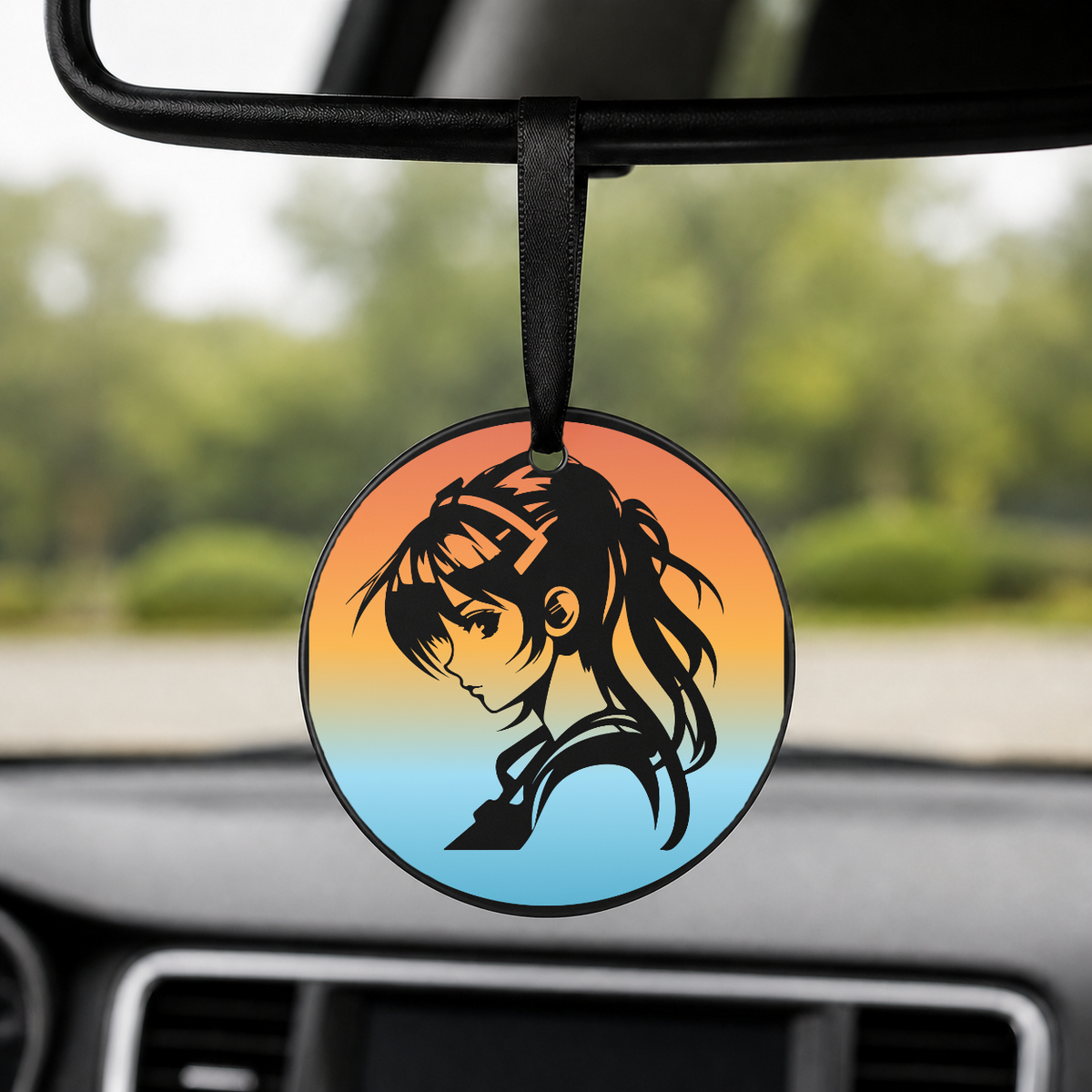 Anime Girl Silhouette Profile Gradient 4 - Round Car Charm in black