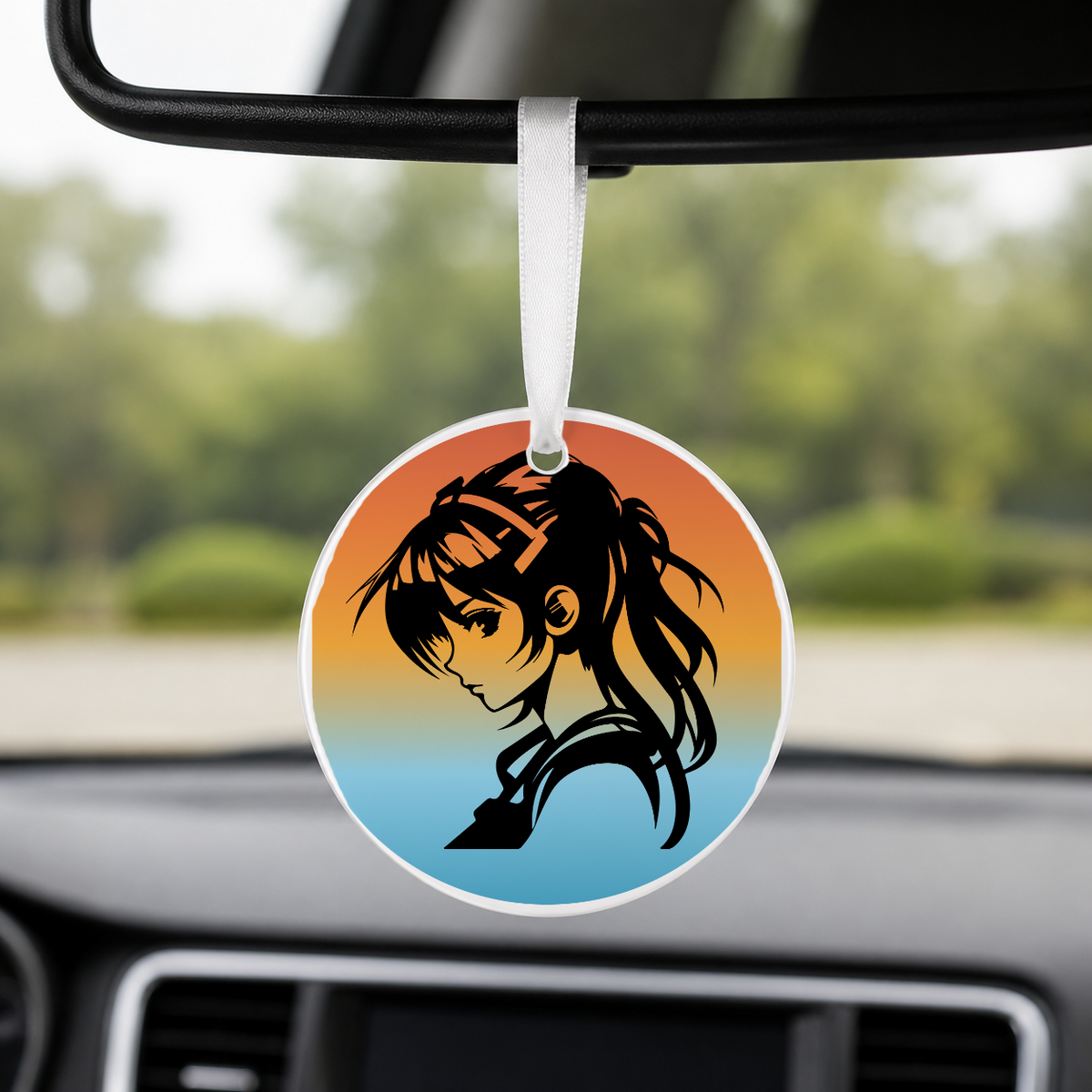Anime Girl Silhouette Profile Gradient 4 - Round Car Charm in white