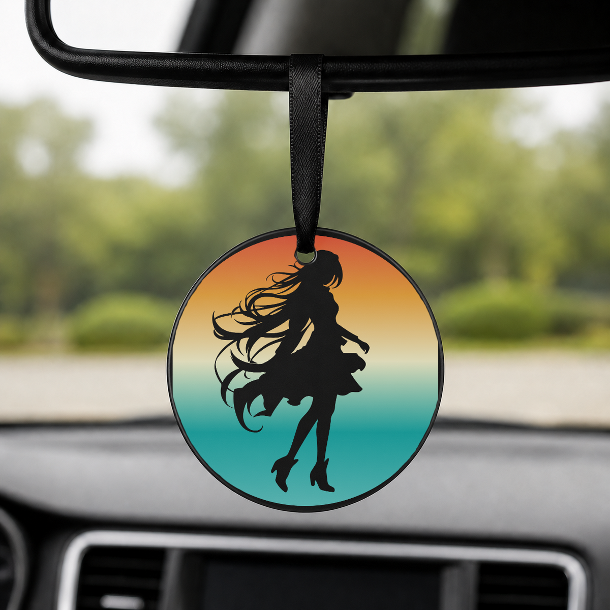 Anime Girl Silhouette Sunset Circle 1 - Round Car Charm in black