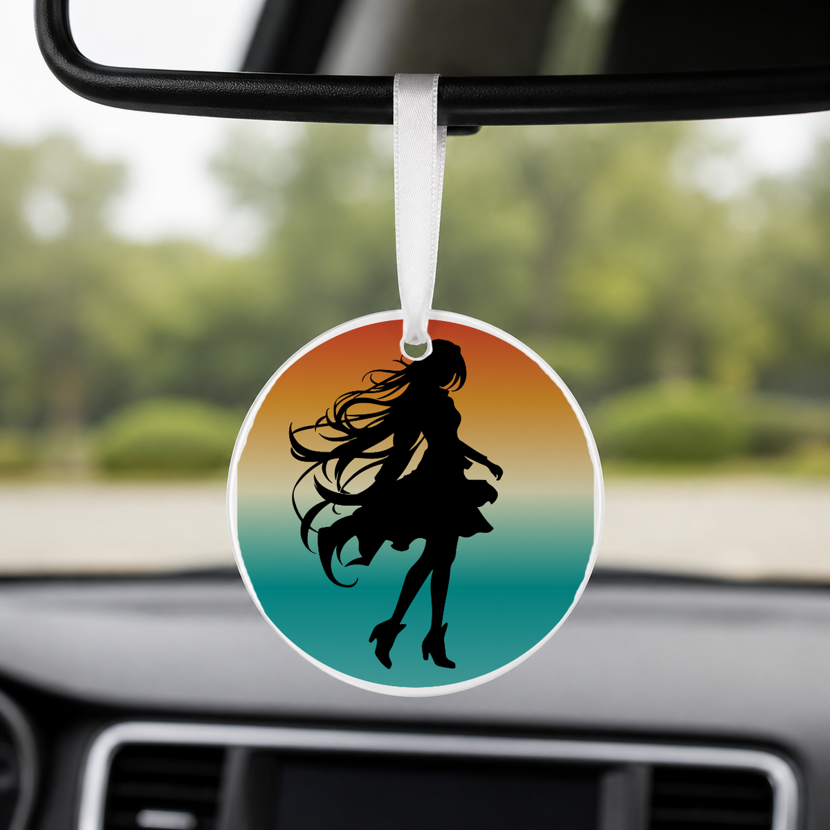 Anime Girl Silhouette Sunset Circle 1 - Round Car Charm in white