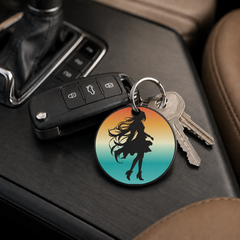 Anime Girl Silhouette Sunset Circle 1 - Keychain in black
