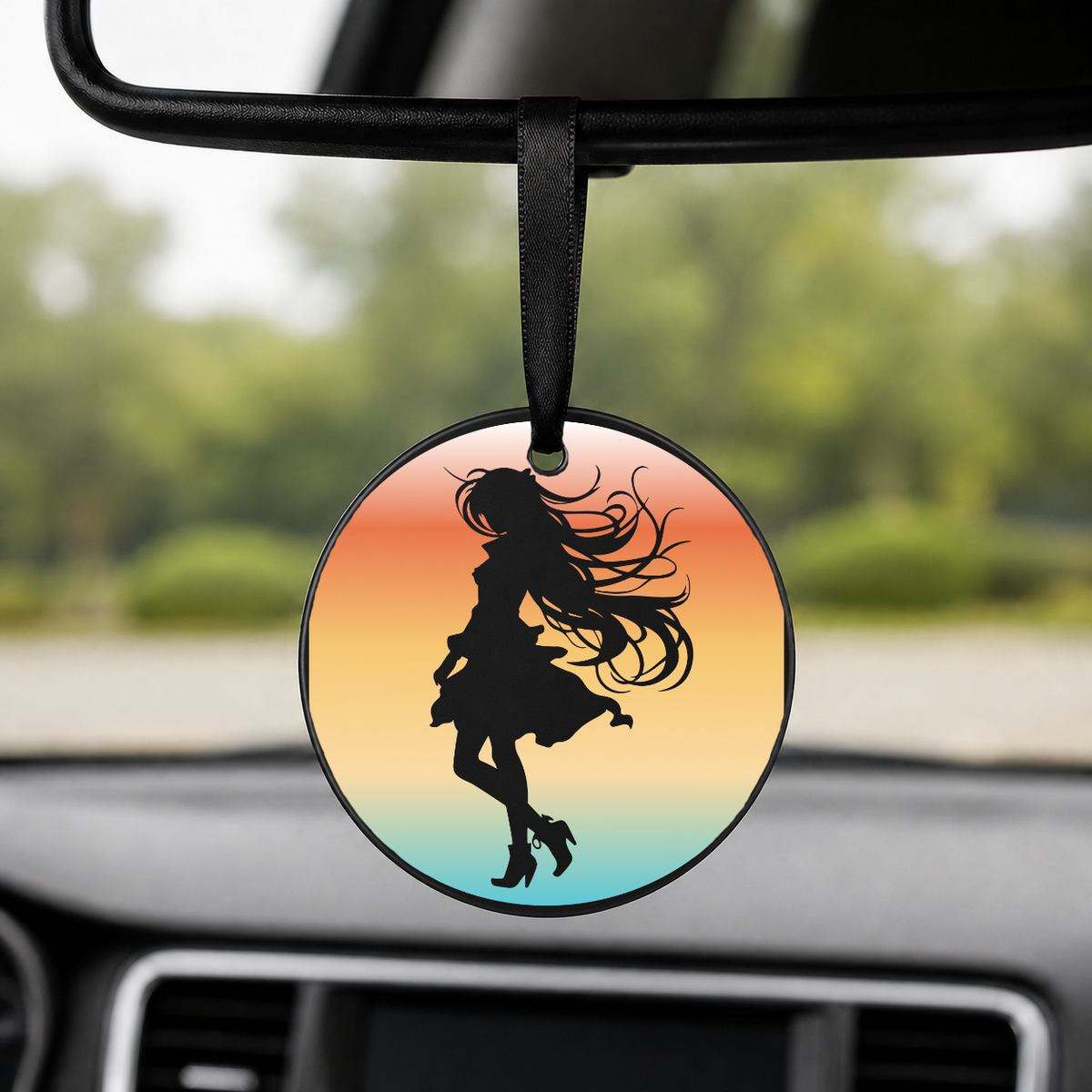 Anime Girl Silhouette Sunset Circle 2 - Round Car Charm in black