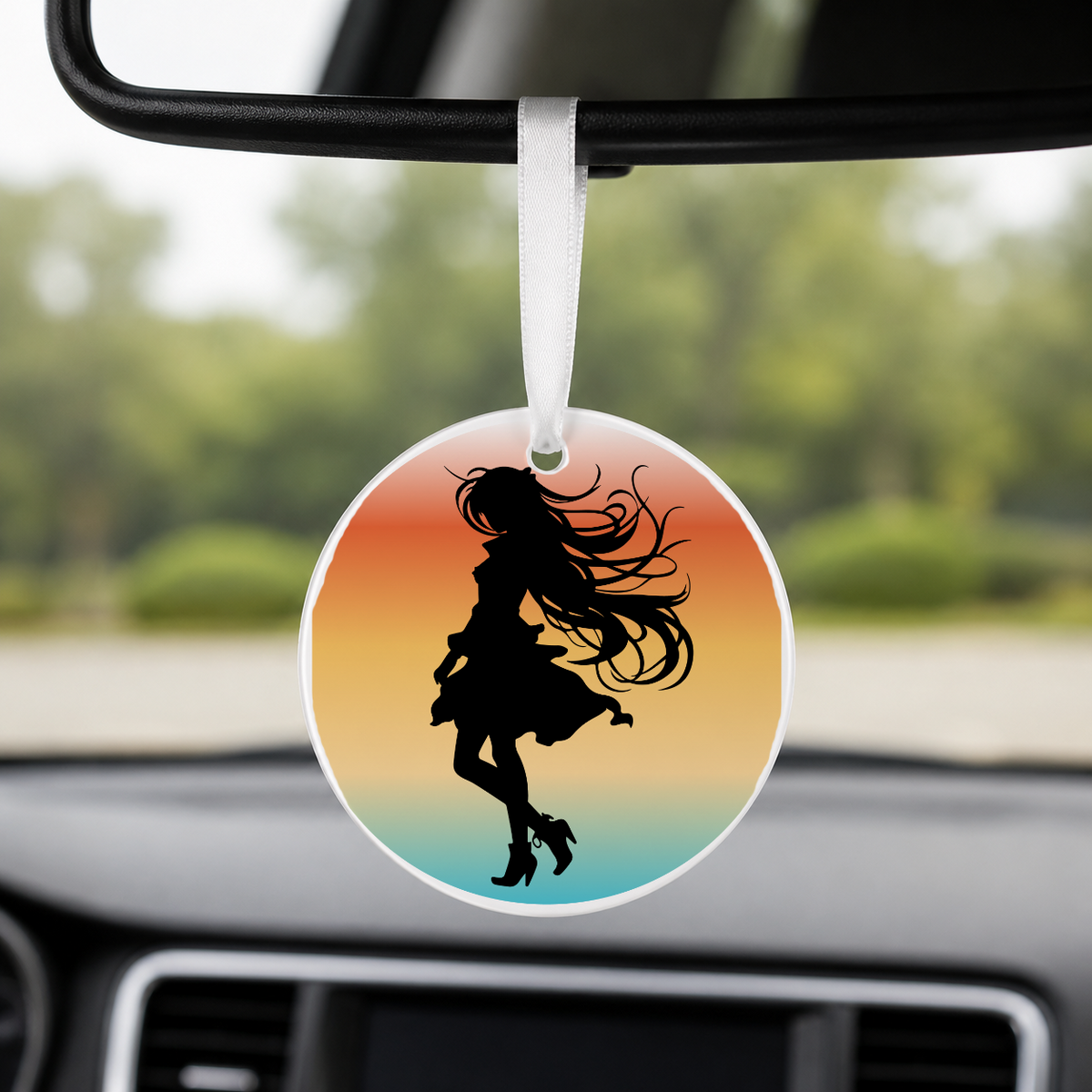 Anime Girl Silhouette Sunset Circle 2 - Round Car Charm in white