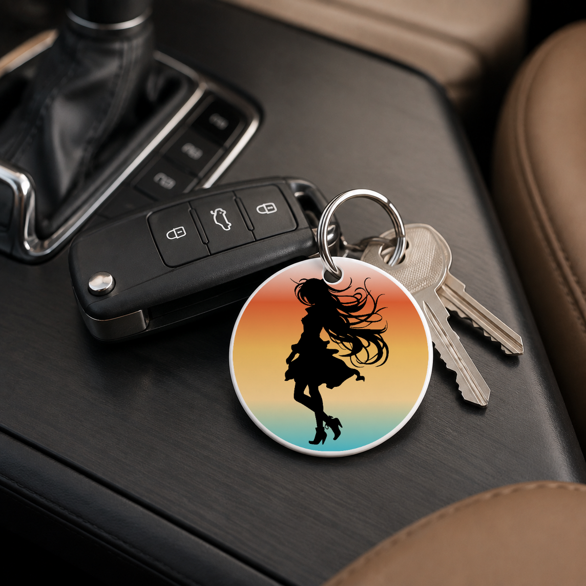 Anime Girl Silhouette Sunset Circle 2 - Keychain in white