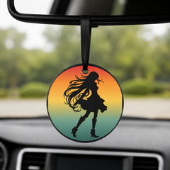Anime Girl Silhouette Sunset Circle 3 - Round Car Charm in black
