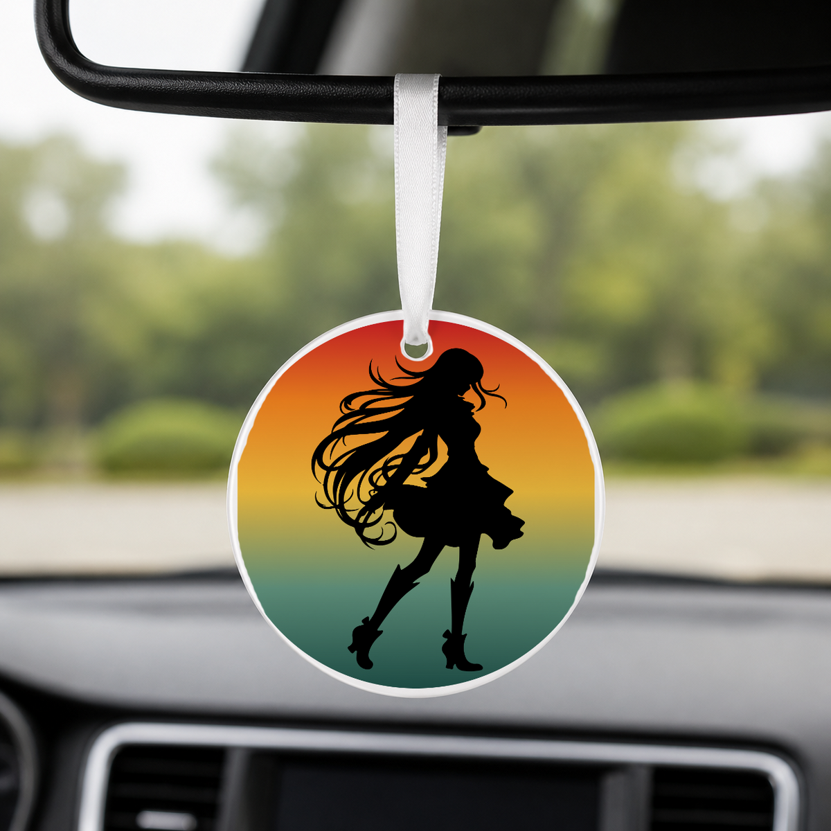 Anime Girl Silhouette Sunset Circle 3 - Round Car Charm in white