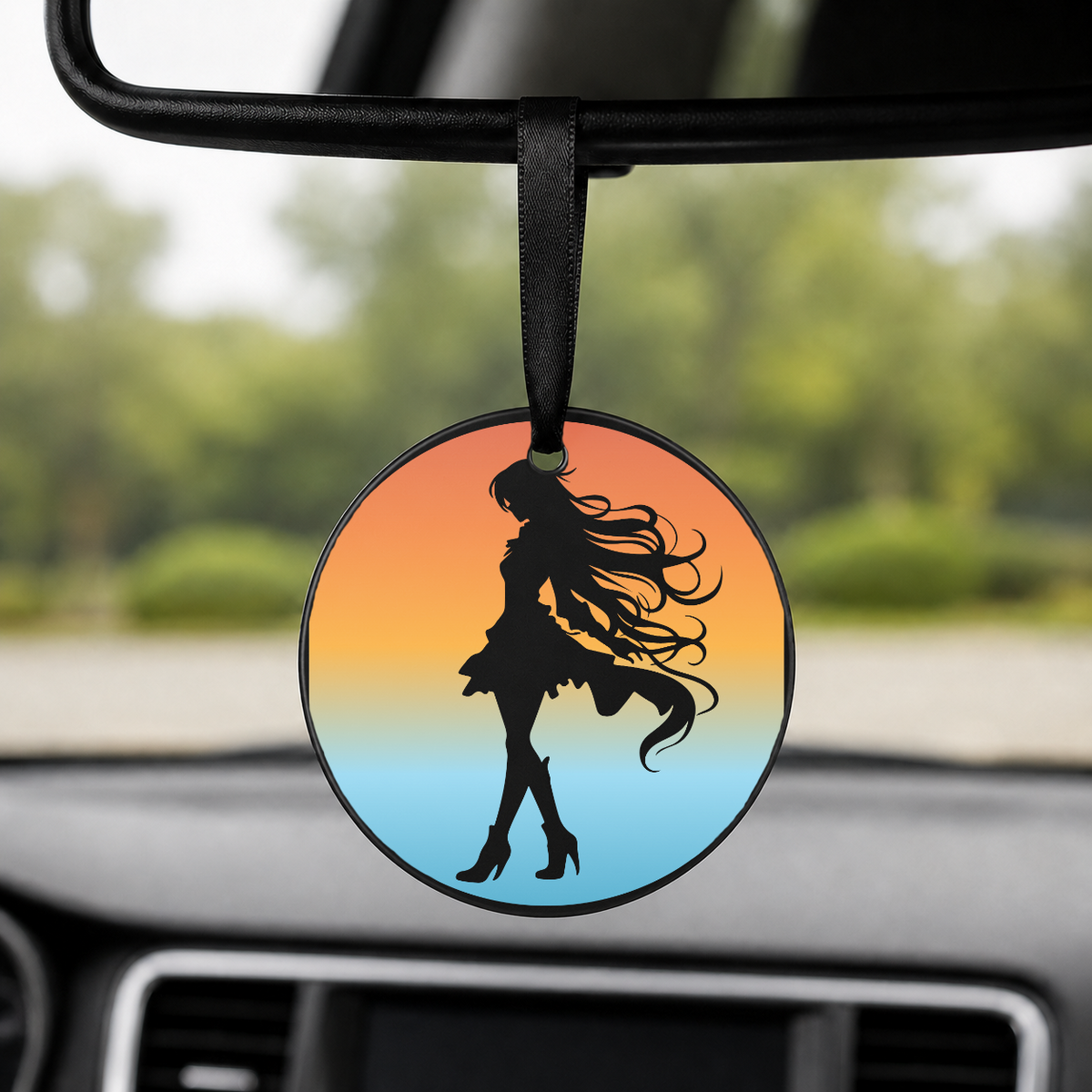 Anime Girl Silhouette Sunset Circle 4 - Round Car Charm in black