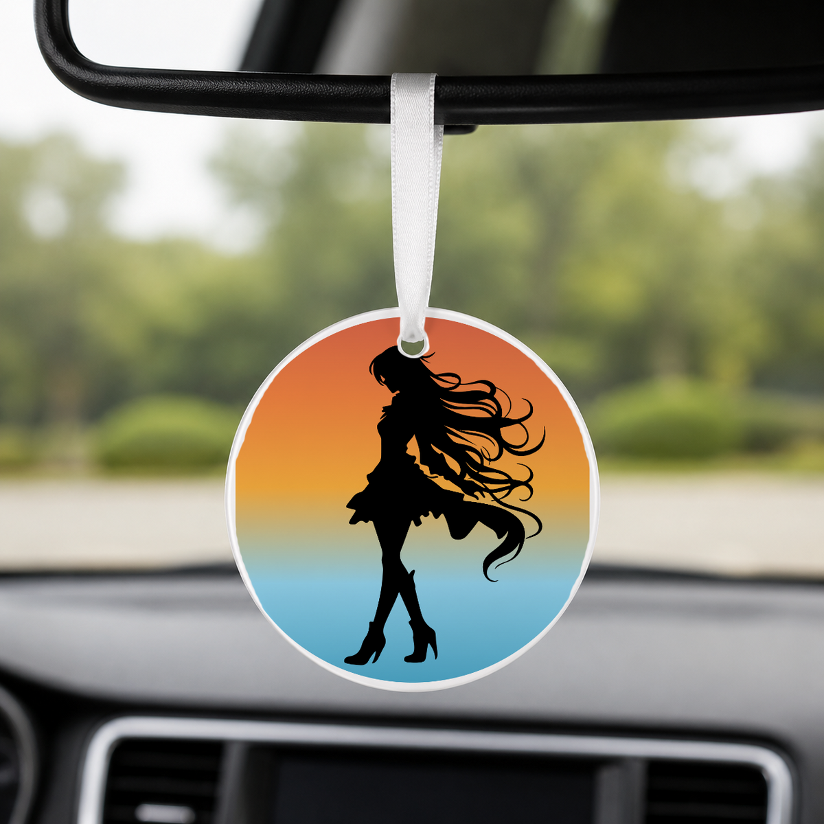 Anime Girl Silhouette Sunset Circle 4 - Round Car Charm in white
