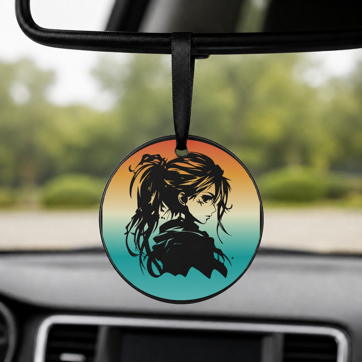 Anime Girl Silhouette Windswept Hair 1 - Round Car Charm in black