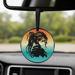 Anime Girl Silhouette Windswept Hair 1 - Round Car Charm in black