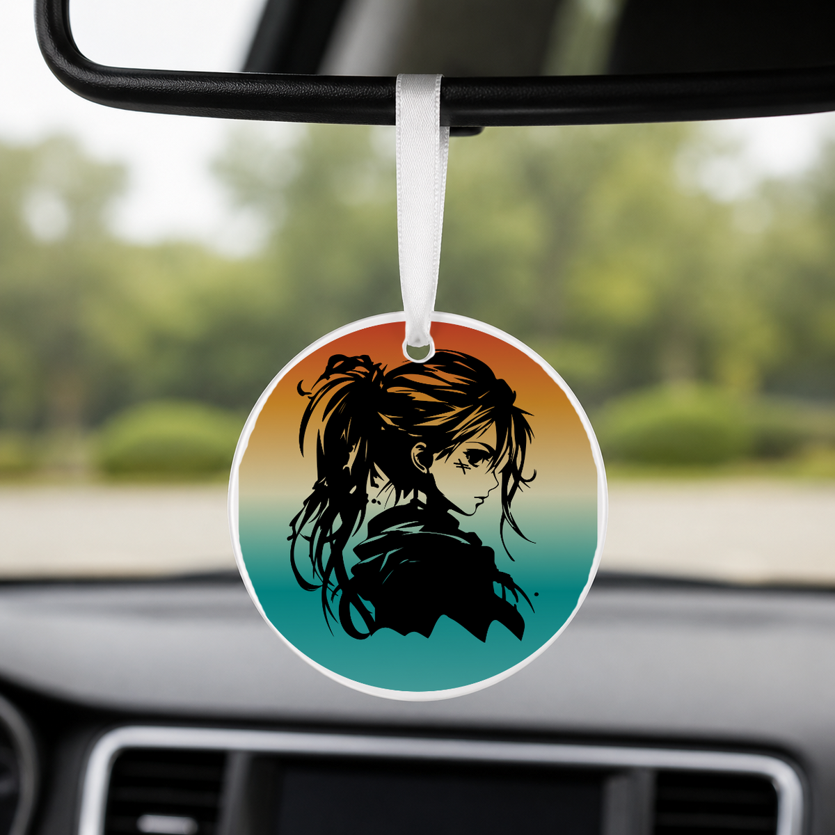Anime Girl Silhouette Windswept Hair 1 - Round Car Charm in white