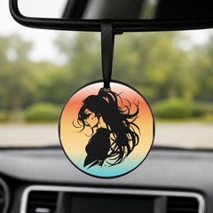 Anime Girl Silhouette Windswept Hair 2 - Round Car Charm in black