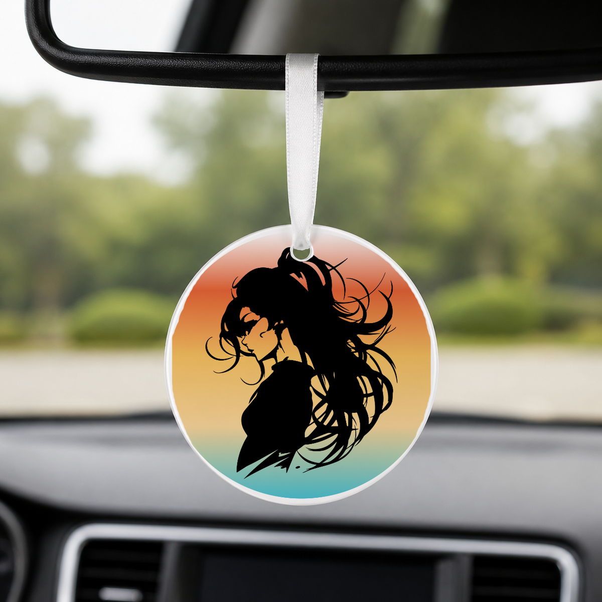 Anime Girl Silhouette Windswept Hair 2 - Round Car Charm in white
