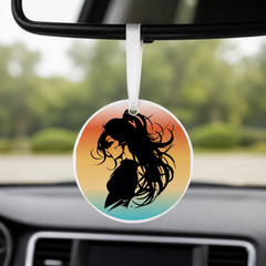 Anime Girl Silhouette Windswept Hair 2 - Round Car Charm in white
