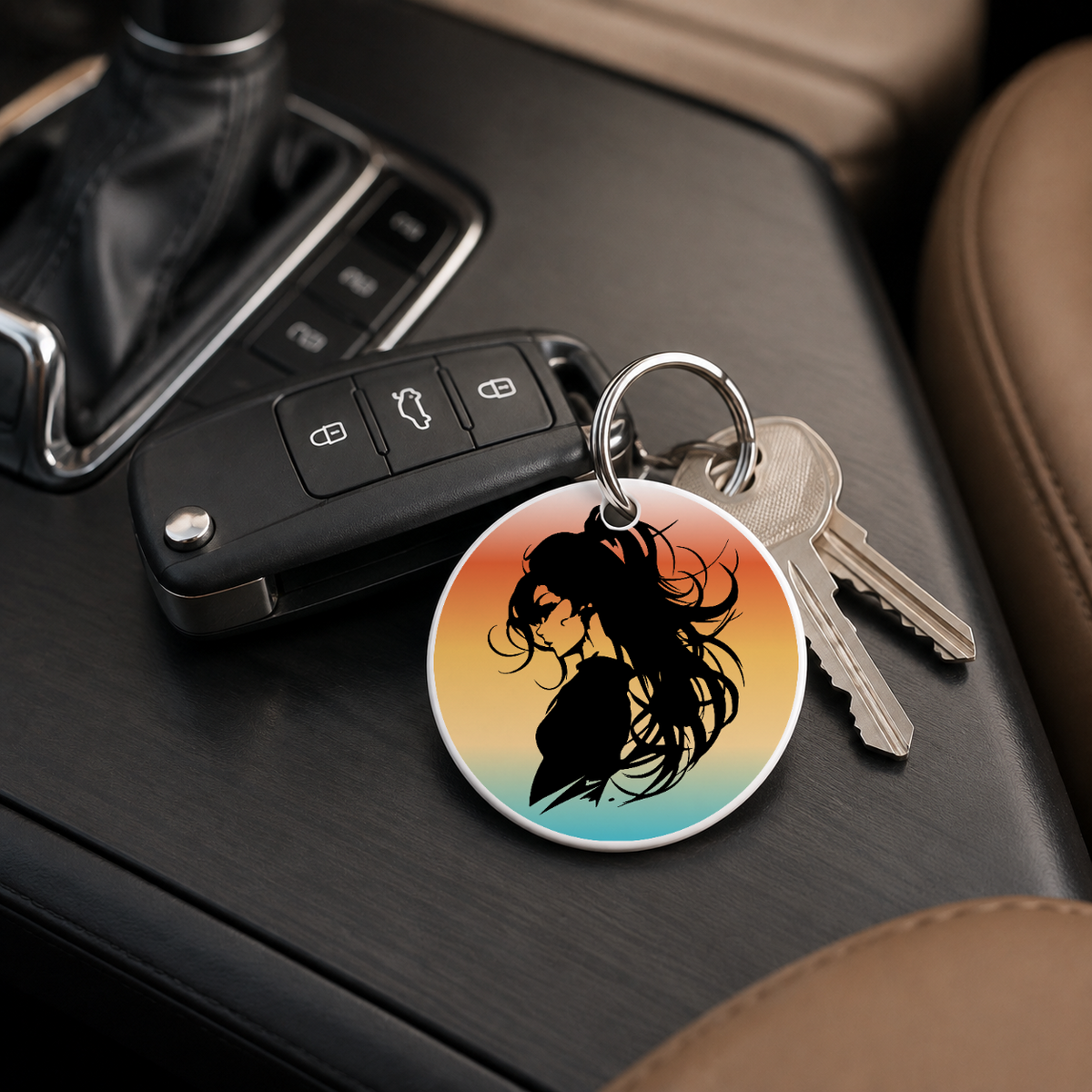 Anime Girl Silhouette Windswept Hair 2 - Keychain in white