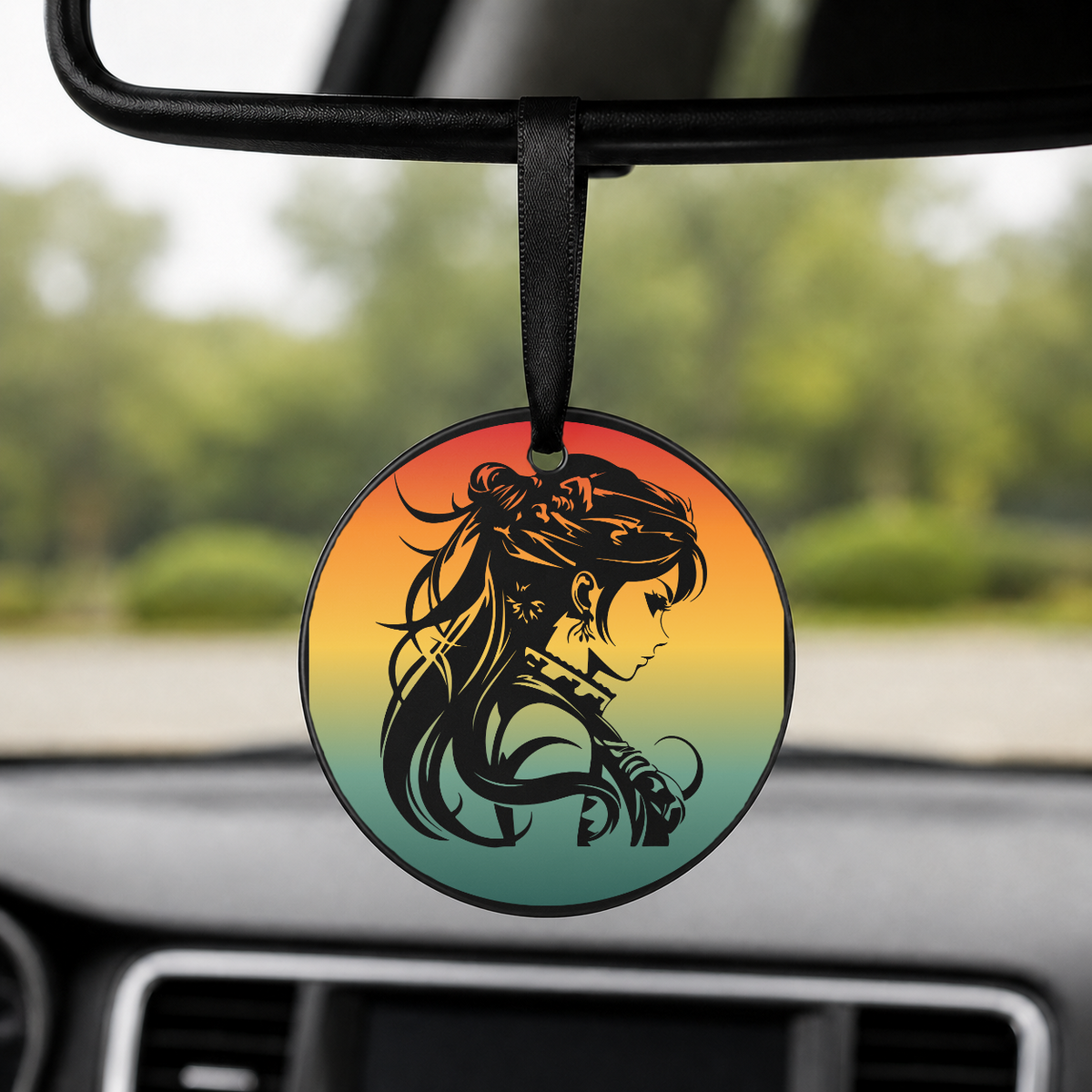 Anime Girl Silhouette Windswept Hair 3 - Round Car Charm in black