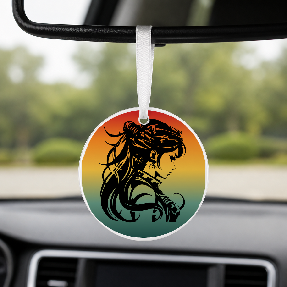 Anime Girl Silhouette Windswept Hair 3 - Round Car Charm in white