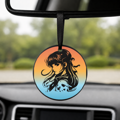 Anime Girl Silhouette Windswept Hair 4 - Round Car Charm in black