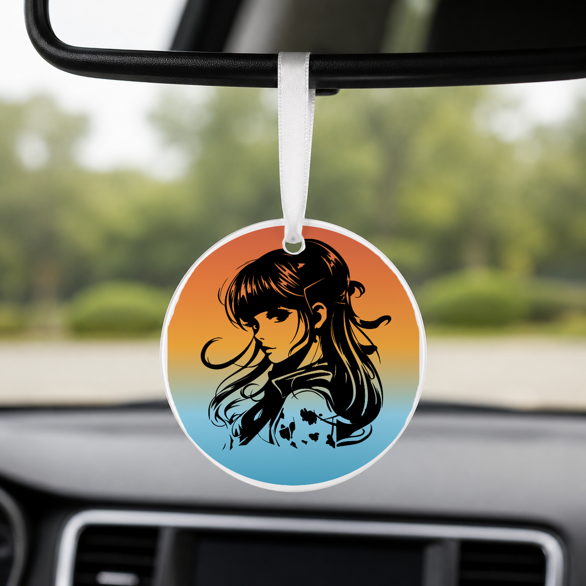 Anime Girl Silhouette Windswept Hair 4 - Round Car Charm in white