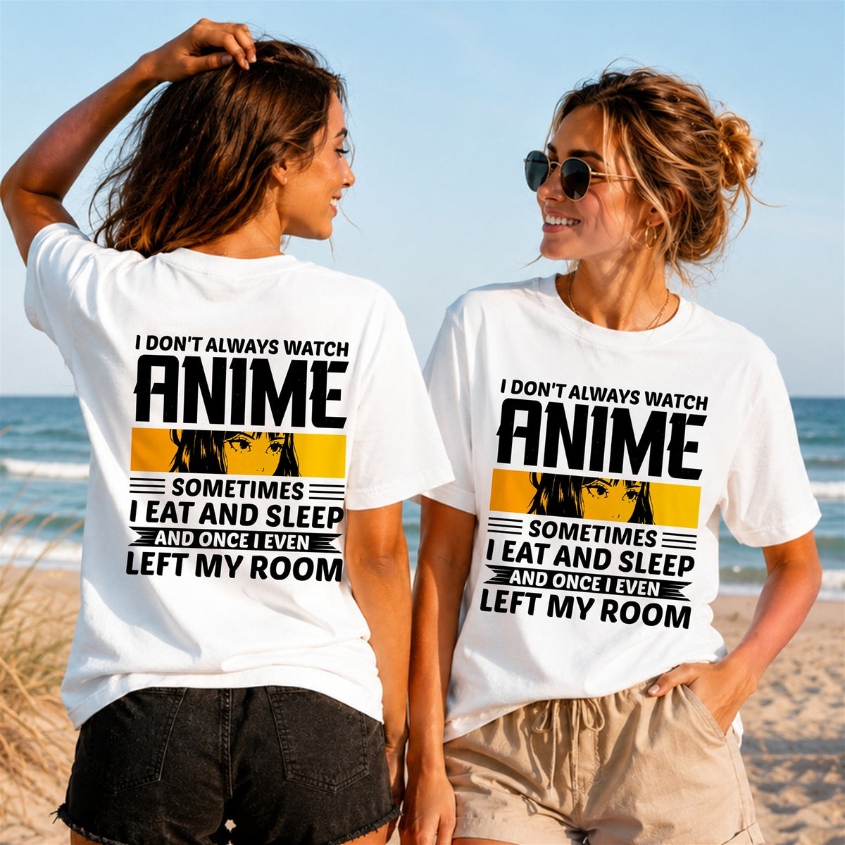 Anime Sometimes Quote - Black - Women's T-Shirt in white, showing front and back print placement choices
