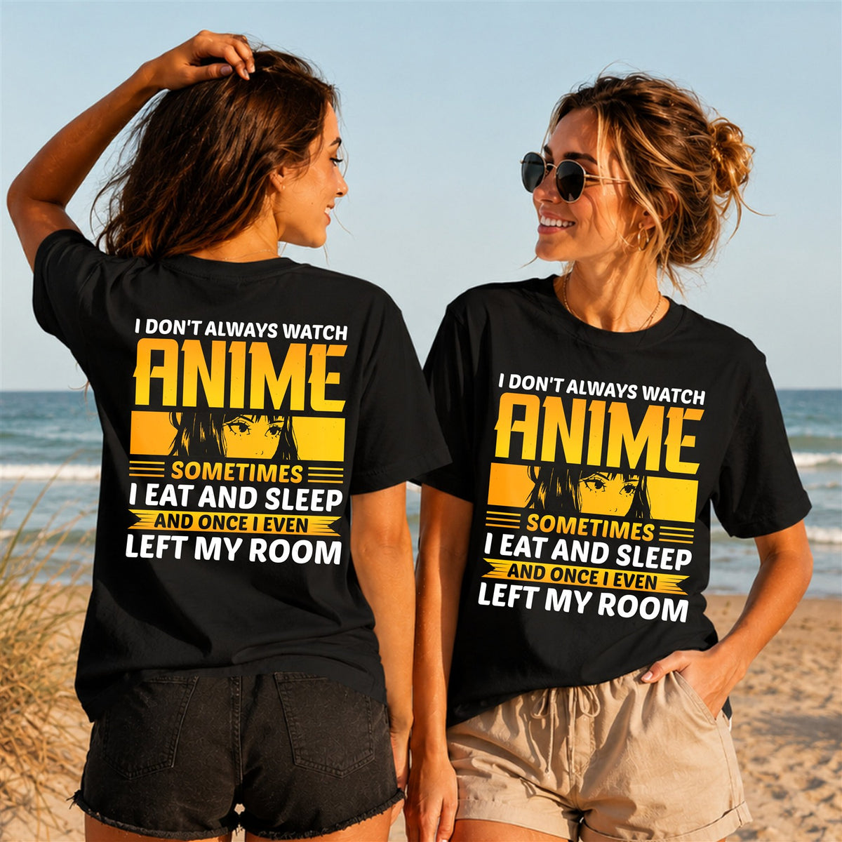 Anime Sometimes Quote - Color - Women's T-Shirt in black, showing front and back print placement choices