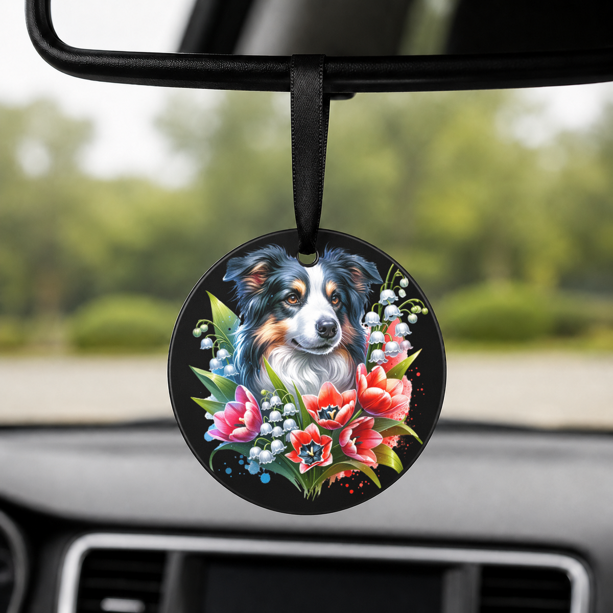 Australian Shepherd With Tulips - Round Car Charm in black