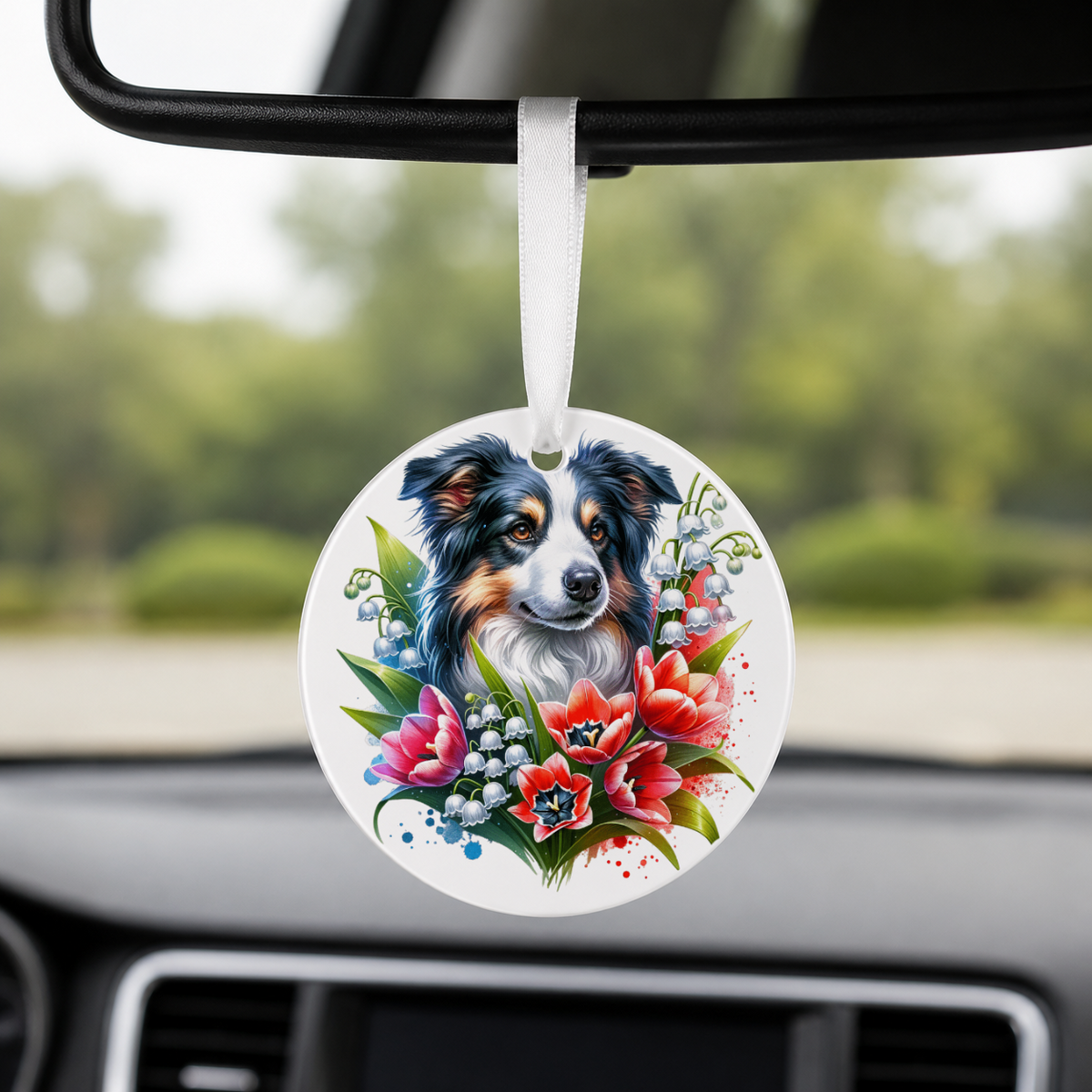Australian Shepherd With Tulips - Round Car Charm in white