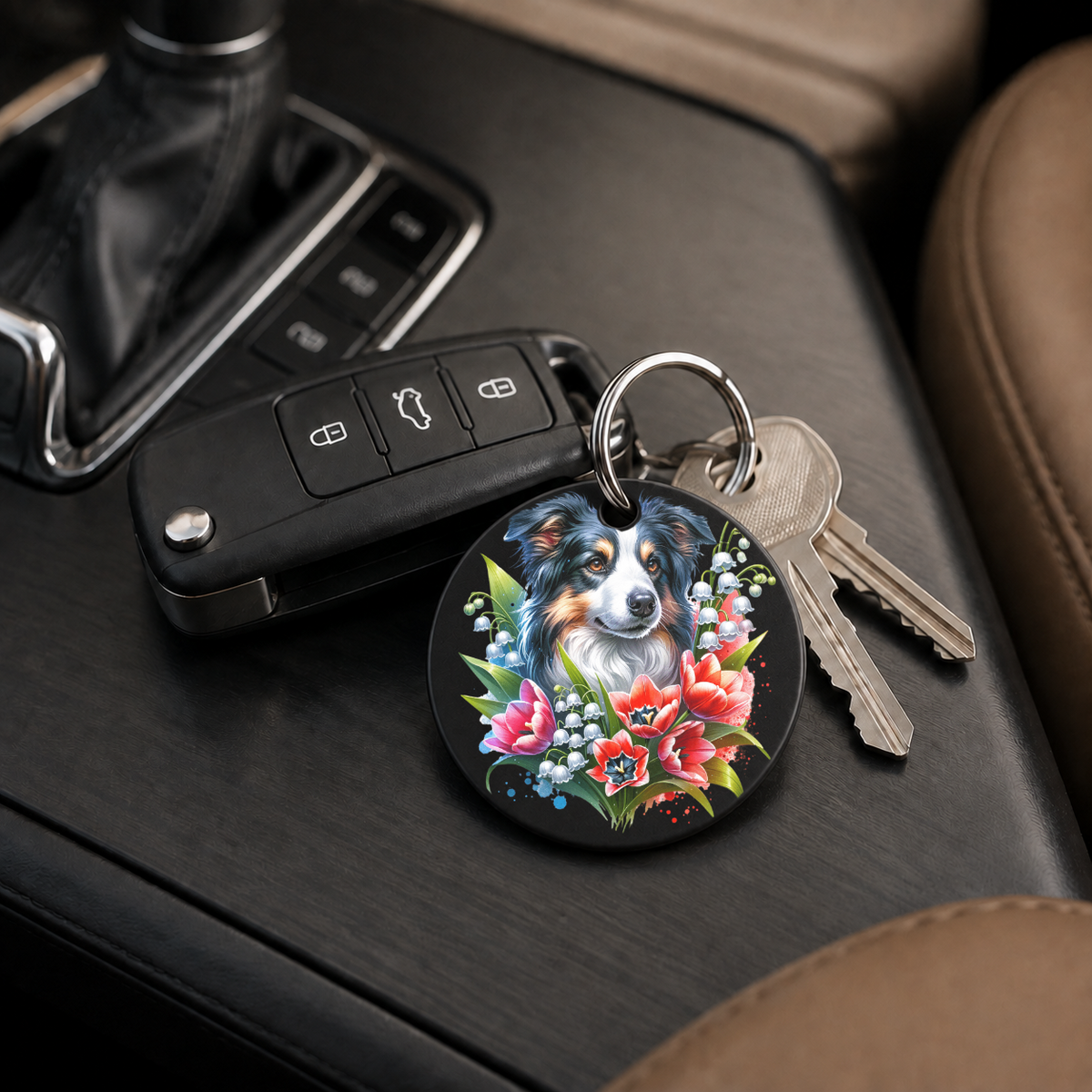 Australian Shepherd With Tulips - Keychain in black