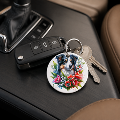 Australian Shepherd With Tulips - Keychain in white
