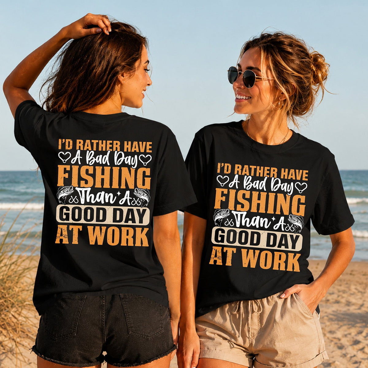 Bad Day Fishing - Women's T-Shirt in black, showing alternative back and front print placements on the beach