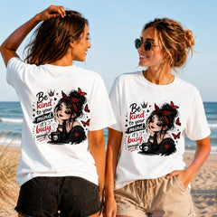 Be Kind to Your Mind - Women's T-Shirt in white, showing alternative back and front print placements on the beach
