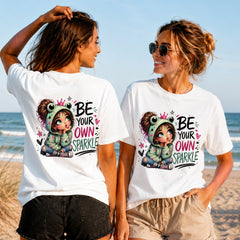 Be Your Own Sparkle - Women's T-Shirt in white, showing alternative back and front print placements on the beach