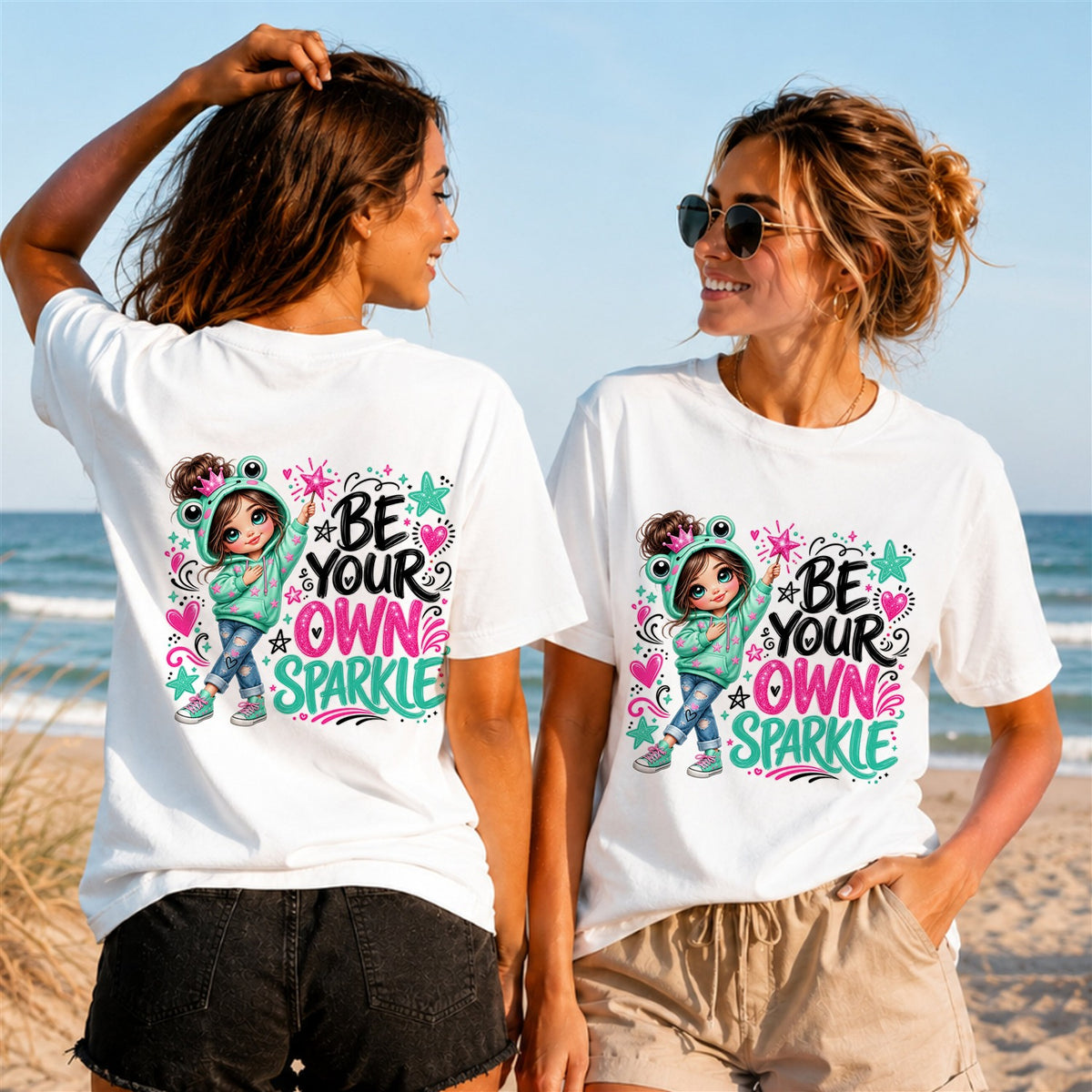 Be Your Own Sparkle Girl Quote - Women's T-Shirt in white, showing front and back print placement choices
