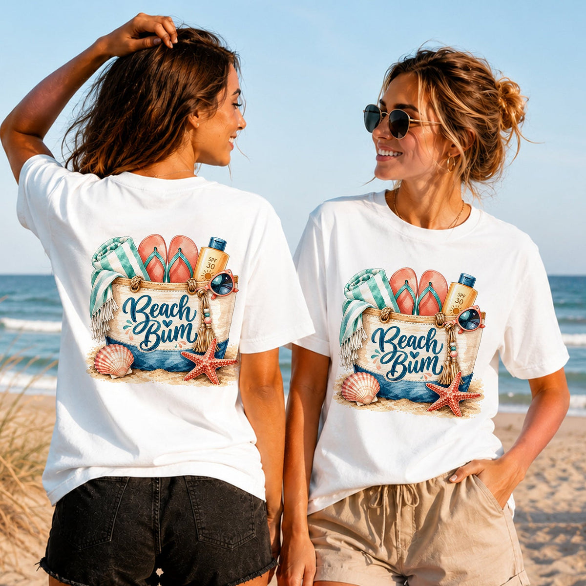 Beach Bum - Women's T-Shirt in white, showing alternative back and front print placements on the beach