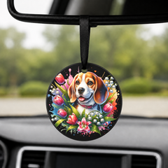 Beagle With Tulips - Round Car Charm in black