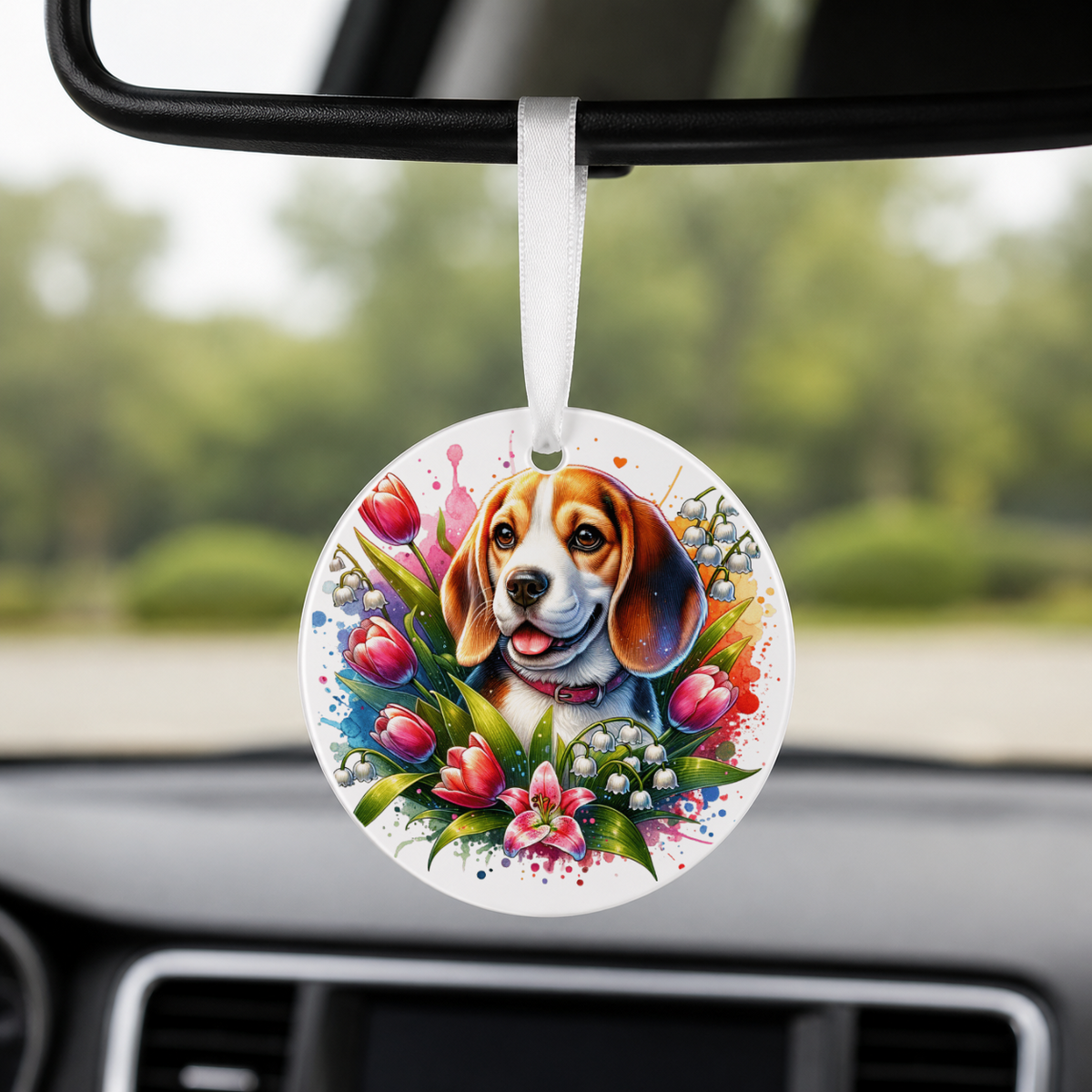 Beagle With Tulips - Round Car Charm in white