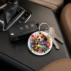 Beagle With Tulips - Keychain in white