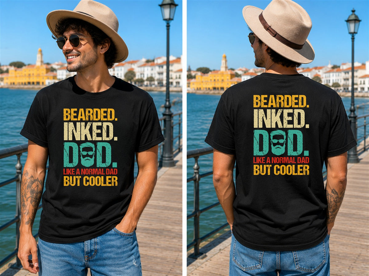 Bearded Inked Dad Quote - Color - Men's T-Shirt in black, showing front and back print placement choices