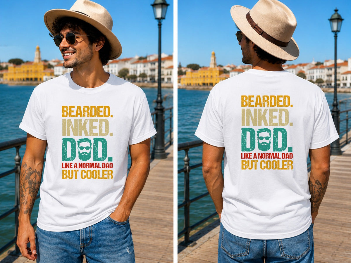 Bearded Inked Dad Quote - Color - Men's T-Shirt in white, showing front and back print placement choices
