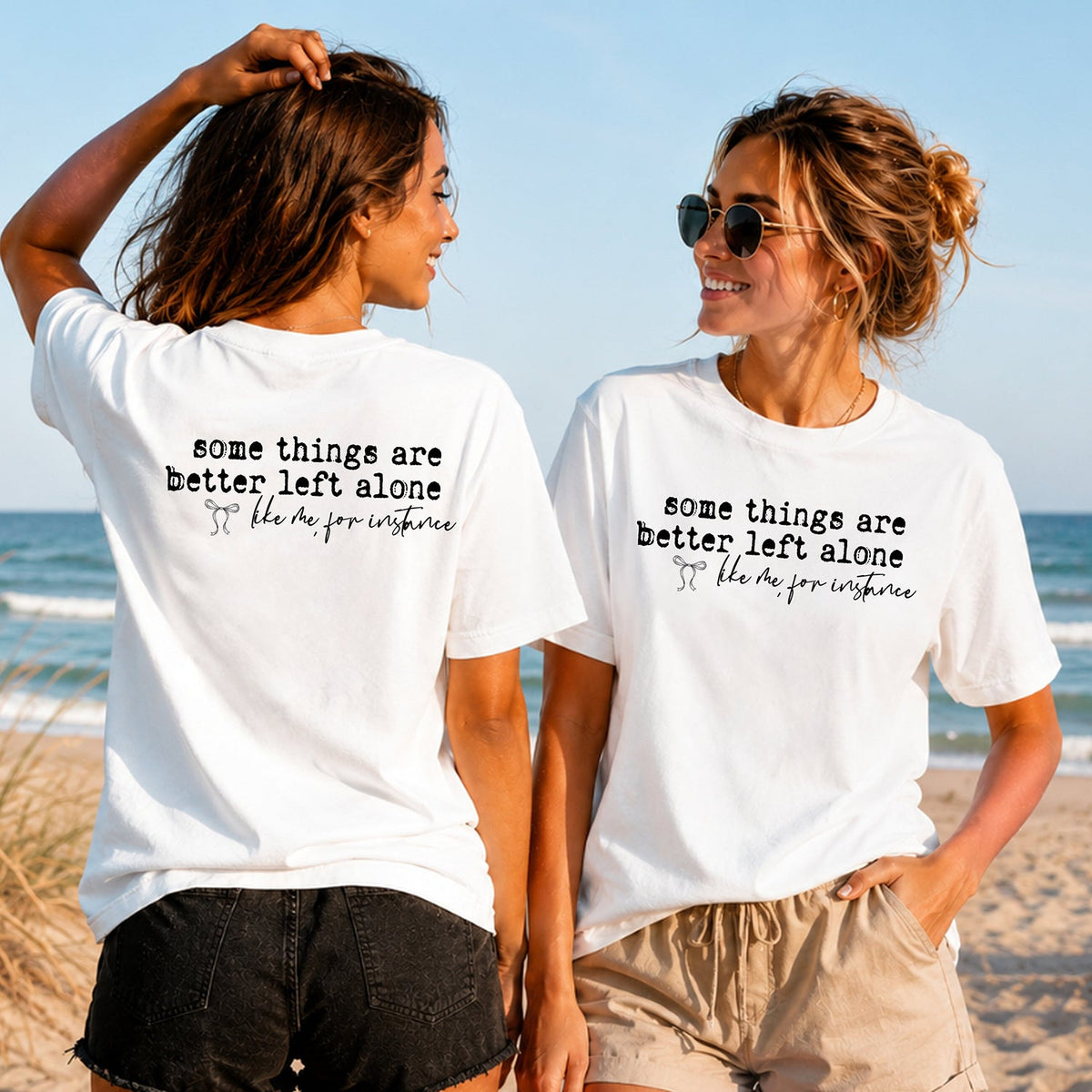 Better Left Alone - Women's T-Shirt in white, showing alternative back and front print placements on the beach