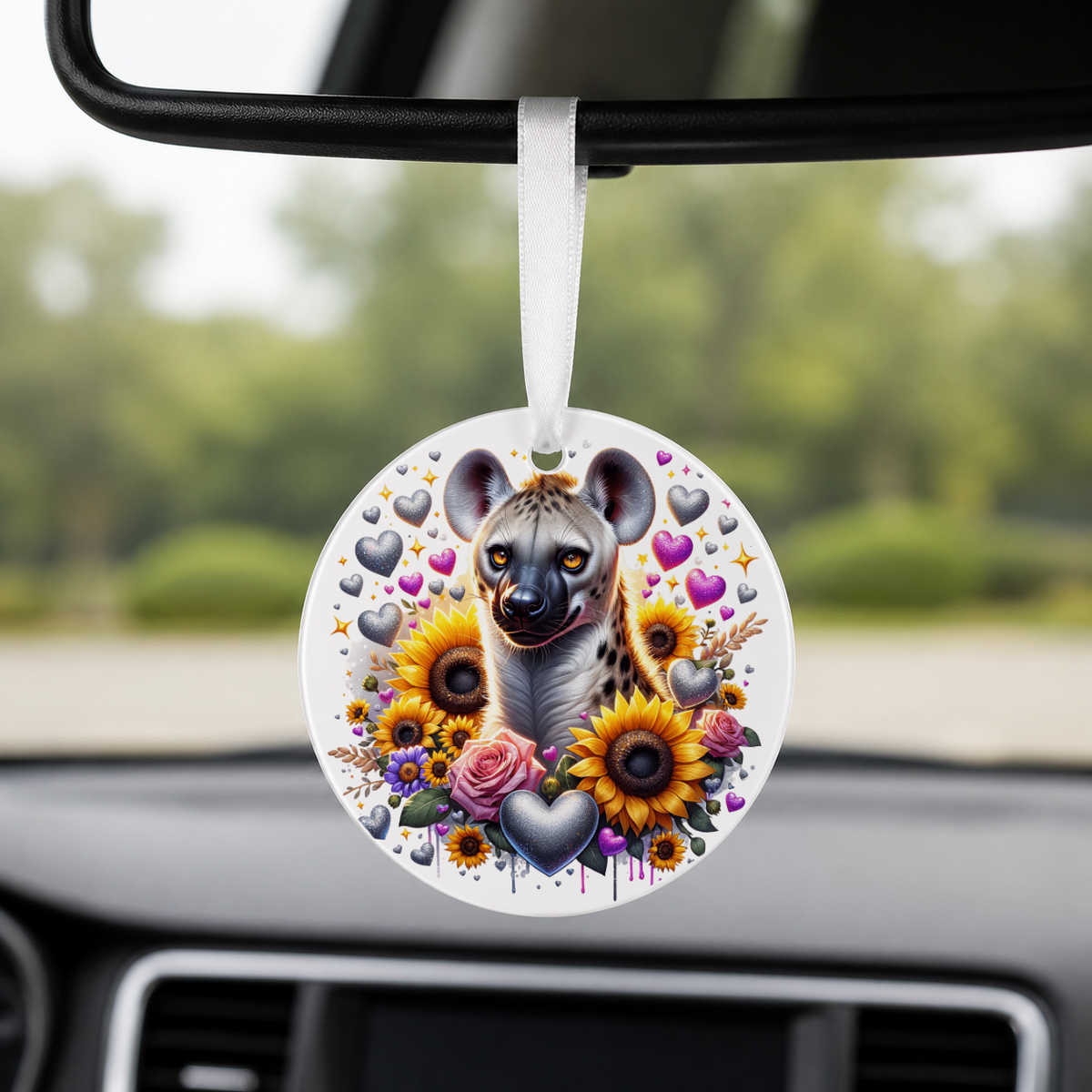 Black Panther With Sunflowers - Heart - Round Car Charm in white