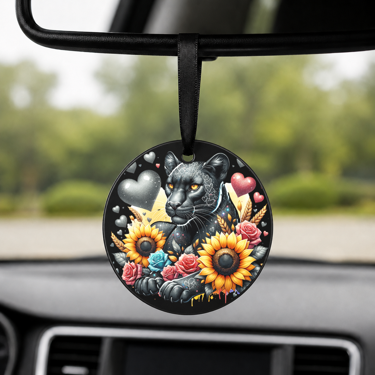 Black Panther With Sunflowers - Roses - Round Car Charm in black