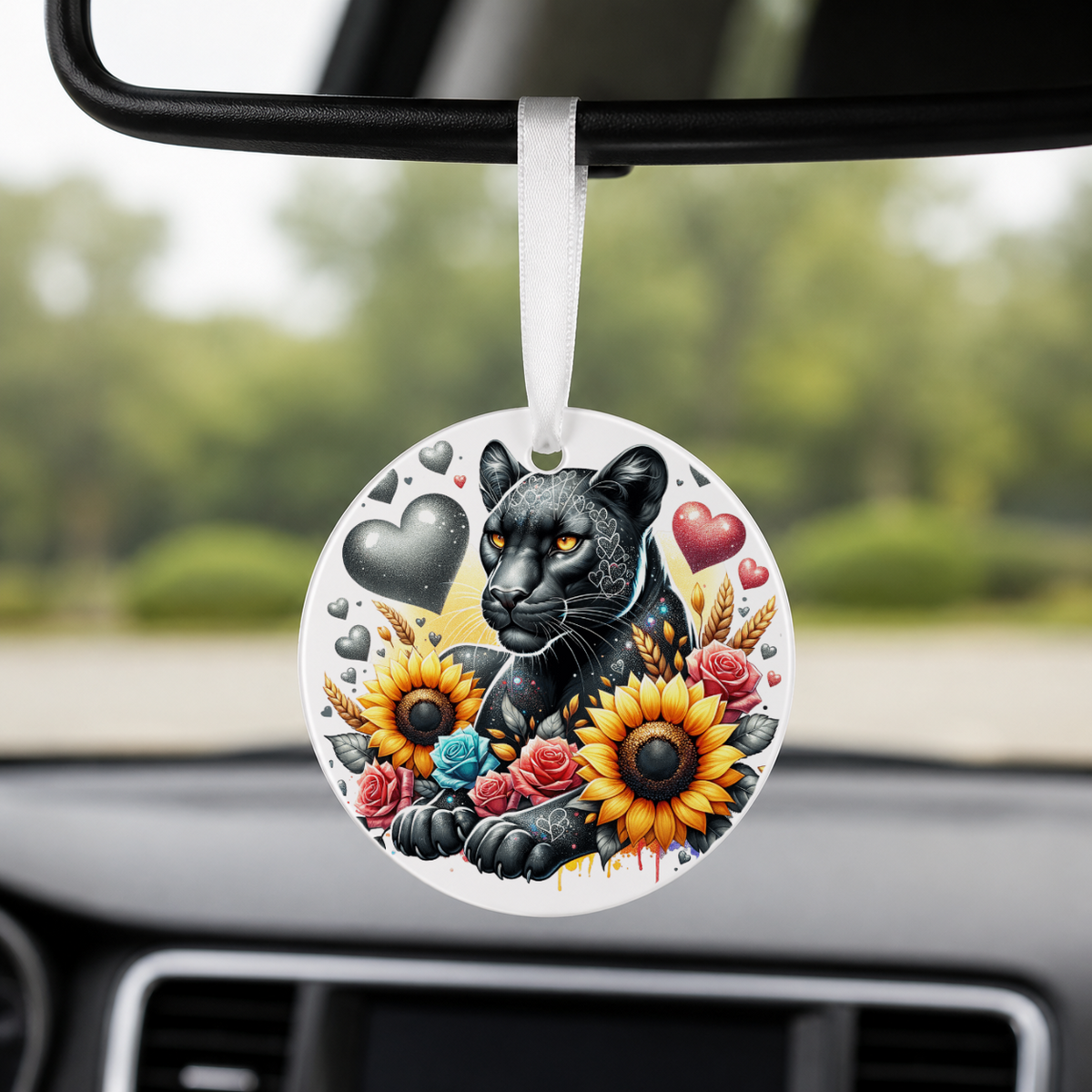 Black Panther With Sunflowers - Roses - Round Car Charm in white