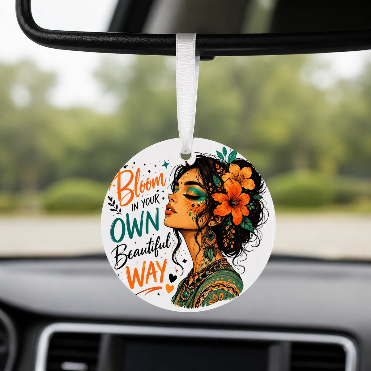 Bloom Your Own Way - Round Car Charm in white