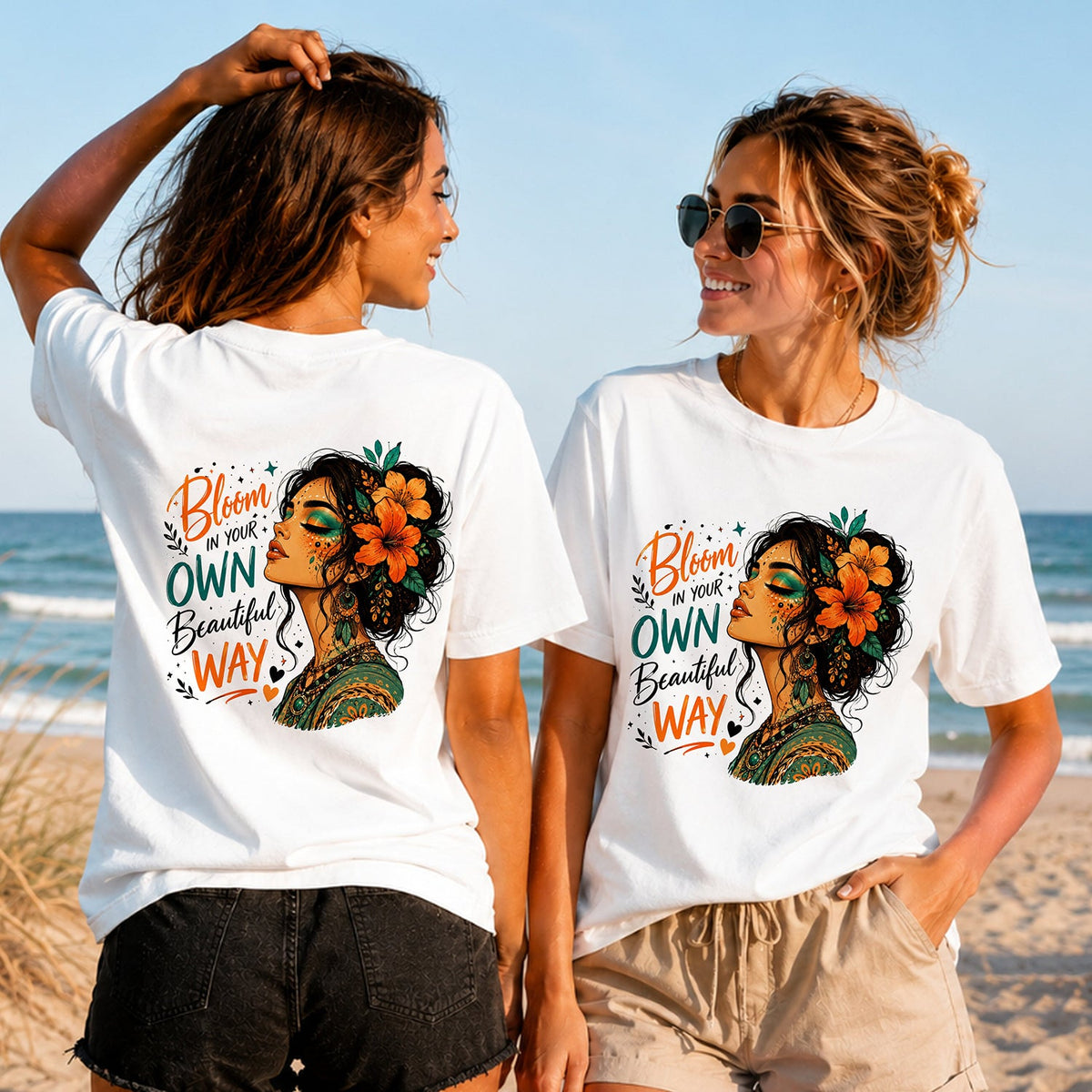 Bloom Your Own Way - Women's T-Shirt in white, showing alternative back and front print placements on the beach