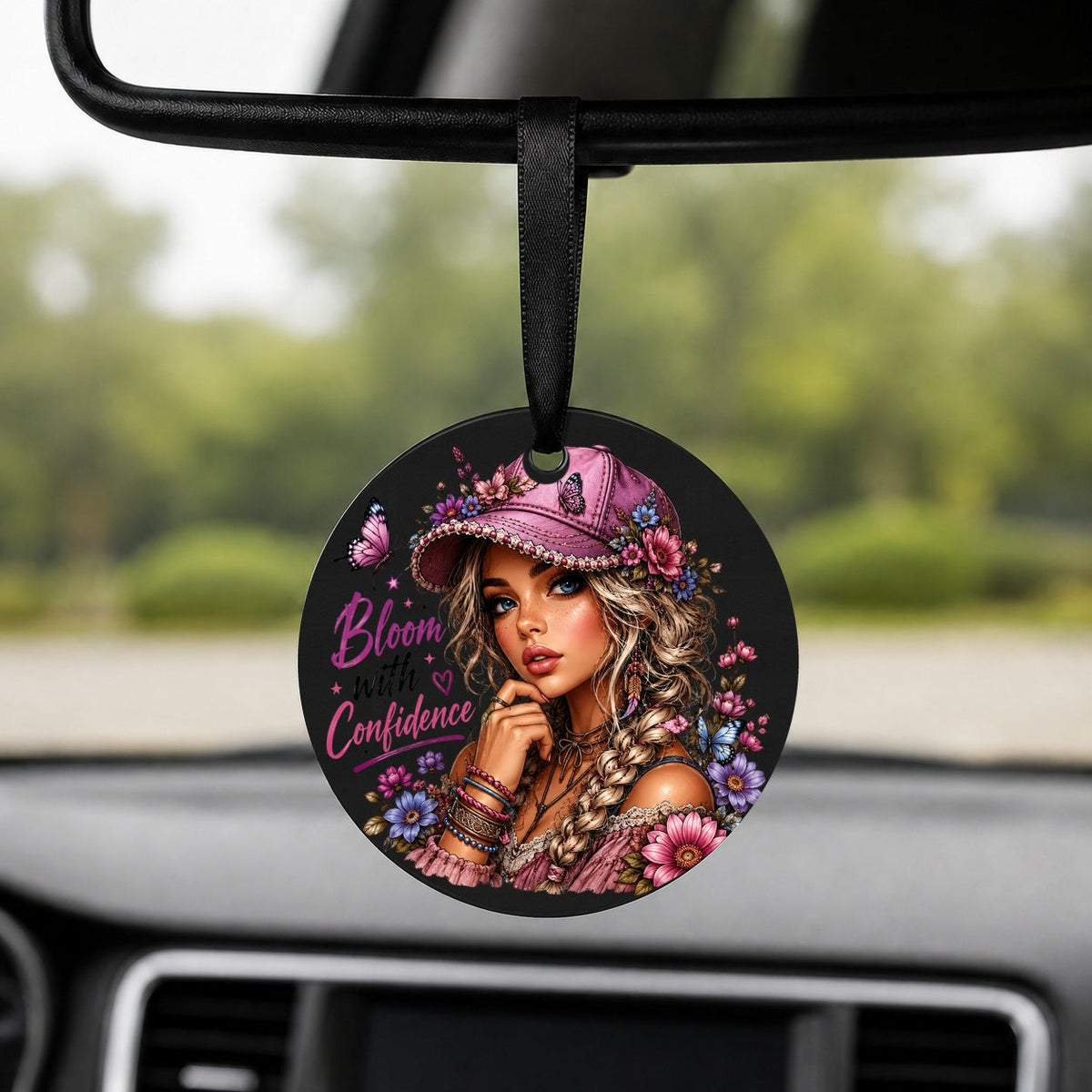 Bloom with Confidence - Round Car Charm in black