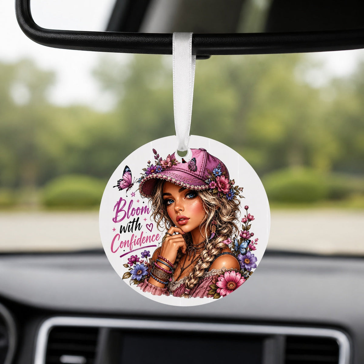 Bloom with Confidence - Round Car Charm in white