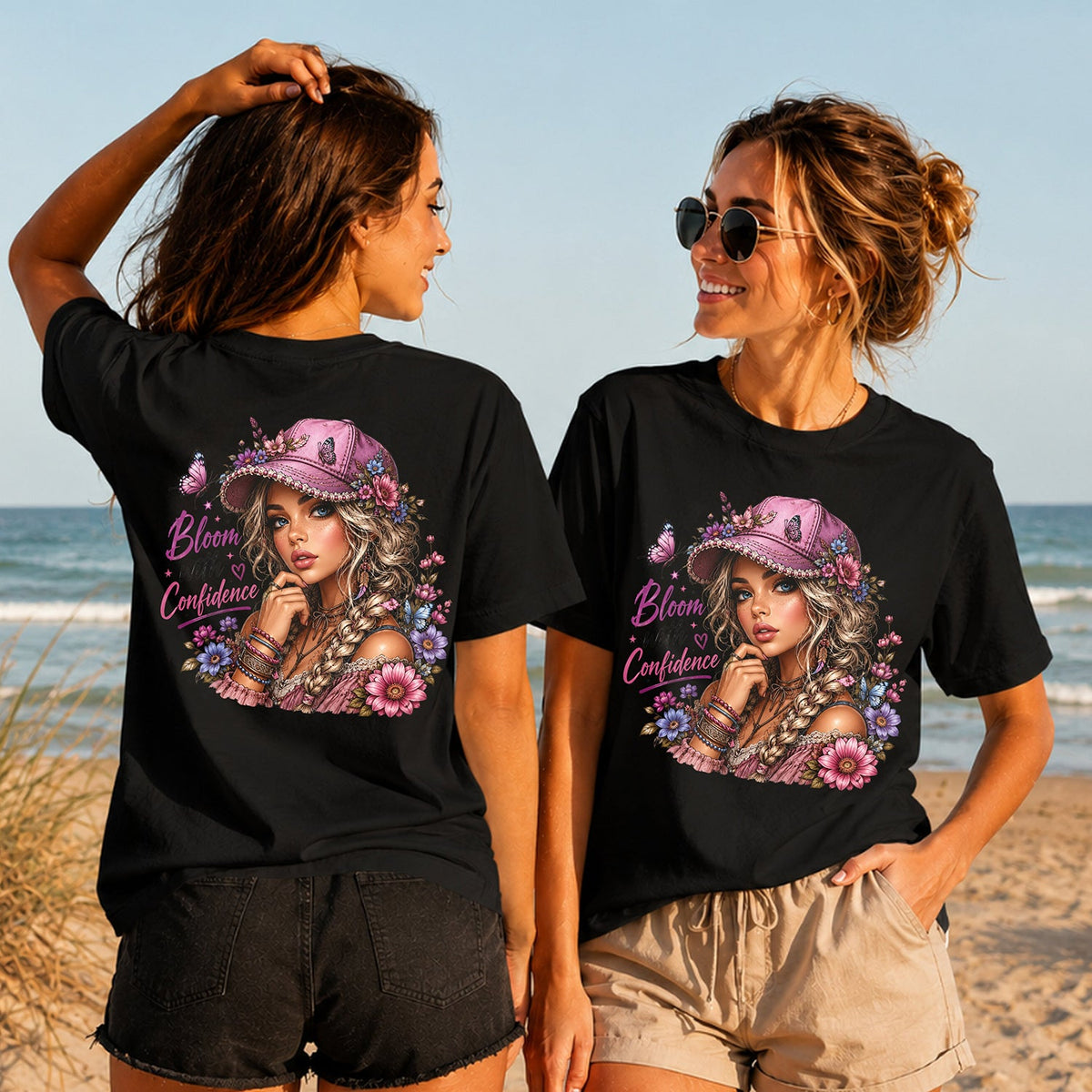 Bloom with Confidence - Women's T-Shirt in black, showing alternative back and front print placements on the beach