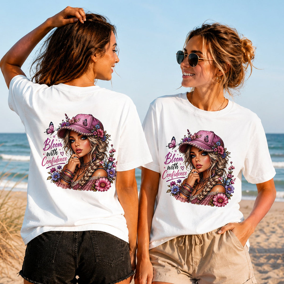 Bloom with Confidence - Women's T-Shirt in white, showing alternative back and front print placements on the beach
